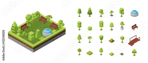 Vector isometric illustration. Concept of an ecological park, recreation areas with a fountain. Natural landscape, environment. Landscaped nature reserve, forest, grove. Trees  3d isometric icons