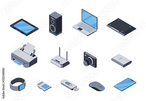 3d laptop, tablet, printer, router, camera, smartphone, powerbank and other portable electronics. Vector set of isometric icons of computer devices, gadgets. Collection of digital technology items