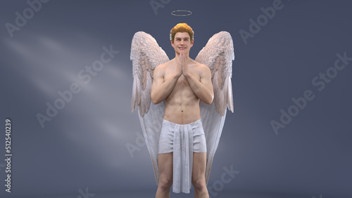 3D Render : A smiling male Angel character is praying faithfully to god with his hand put together at his chest photo