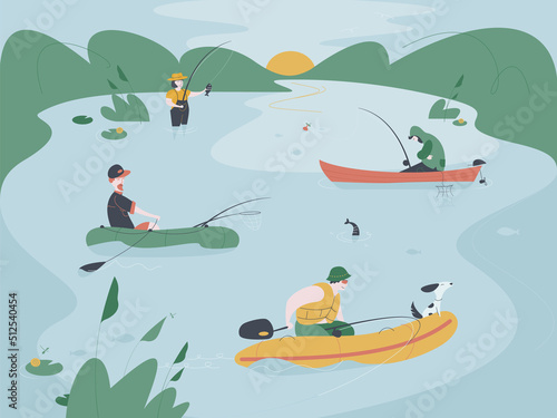 Several fishermen on boat are fishing on a lake or river. Fish catching vector illustration.