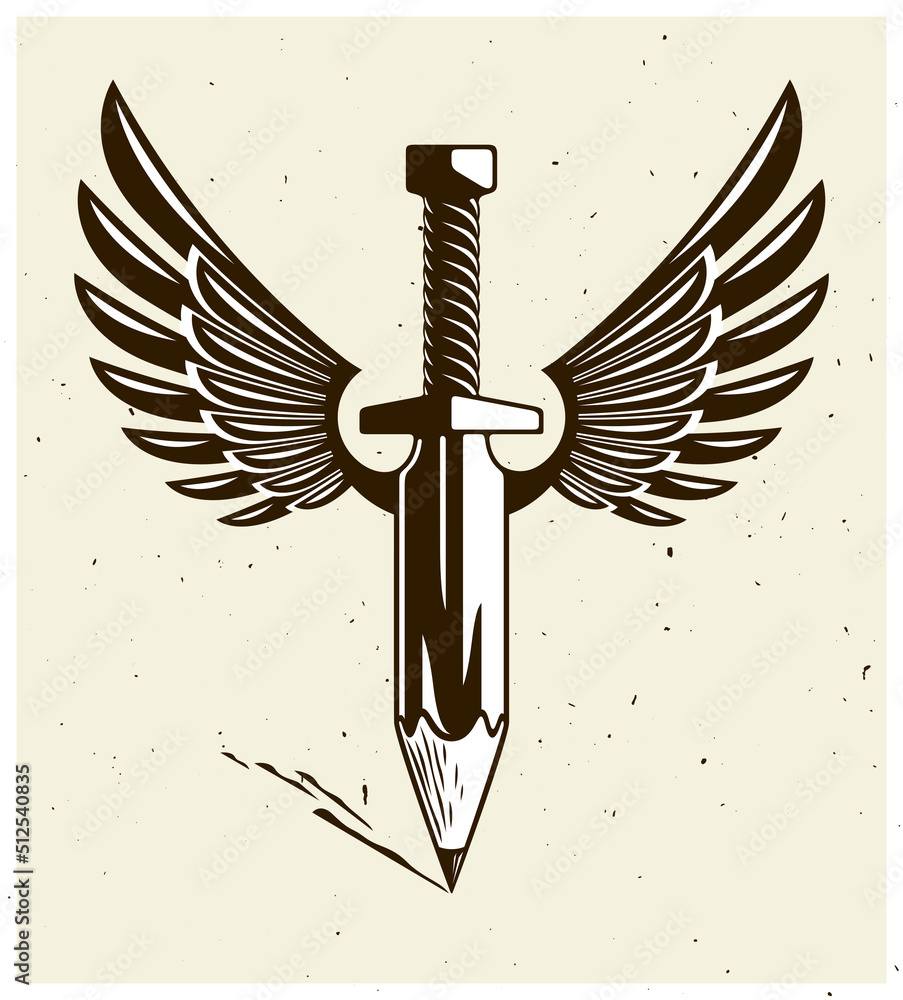 Fototapeta premium Idea is a weapon concept, weapon of a designer or artist allegory shown as winged sword with pencil instead of blade, creative power, vector logo or icon.