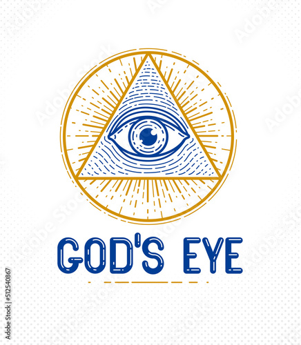 All seeing eye of god in sacred geometry triangle, masonry and illuminati symbol, vector logo or emblem design element.