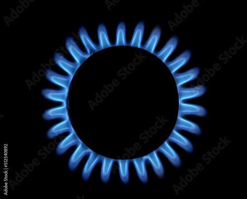 methane gas flame of a home cooker, top view, black background