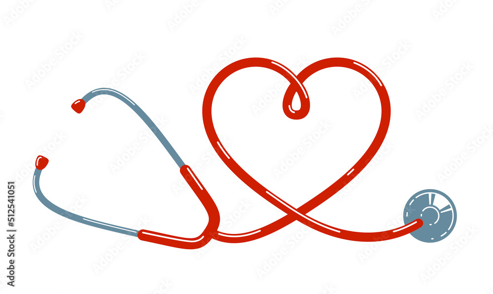 Heart shaped stethoscope vector simple icon isolated over white background, cardiology theme illustration or logo.