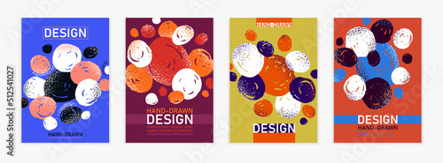 Artistic brochures vector abstract designs set with hand drawn splat elements, stylish colorful art abstraction covers for magazines or flyers, positive and funny posters templates collection.