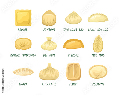 Vector set of illustrations of dumplings from different countries of the world. National cuisine.