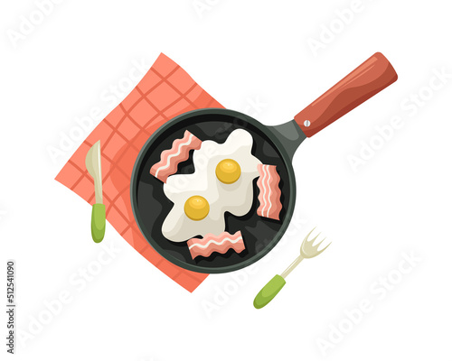 Vector illustration of fried eggs with bacon in a frying pan on a red tablecloth. Breakfast, cooking. Flat lay