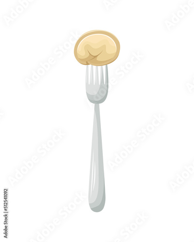 Vector illustration of a Russian dumpling impaled on a fork. Pelmeni. National food.
