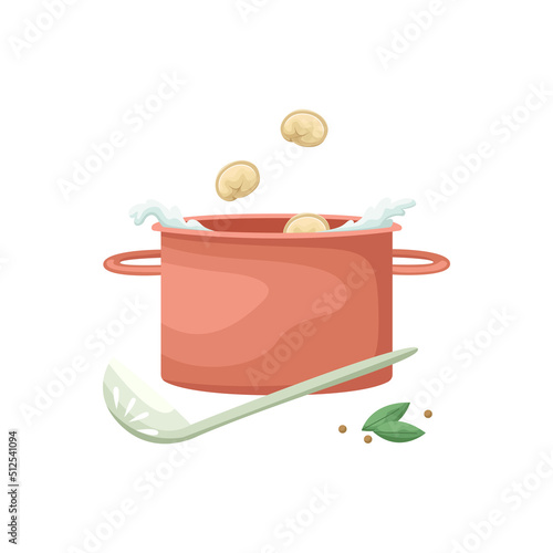 Vector illustration of a pot into which Russian dumplings are thrown. Cooking pelmenies. National food.