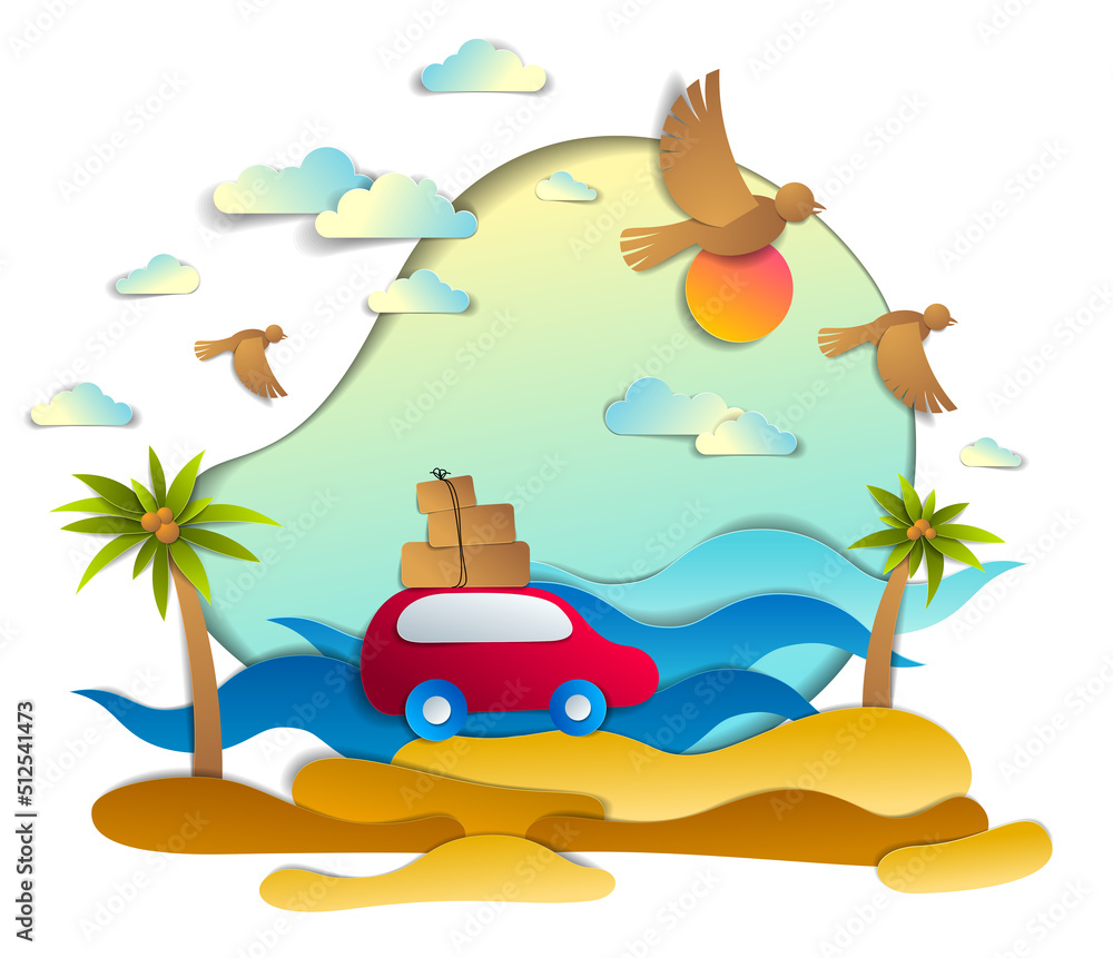 Red car with baggage in scenic seascape with beach and palms, waves, birds and clouds in the sky, paper cut style vector illustration of summer holidays travel and tourism, family or friends.
