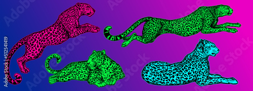Leopard. Jaguar. Abstract, graphic, colorful in neon colors artistic portrait of a leopard on a dark purple background.