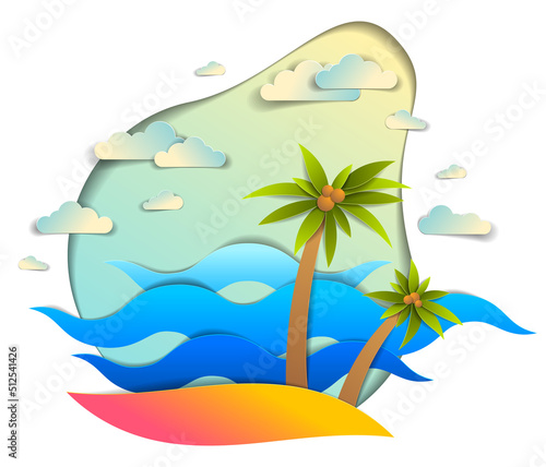 Beautiful seascape with sea waves  beach and palms  clouds in the sky  vector illustration in paper cut style  seashore summer beach holidays theme.