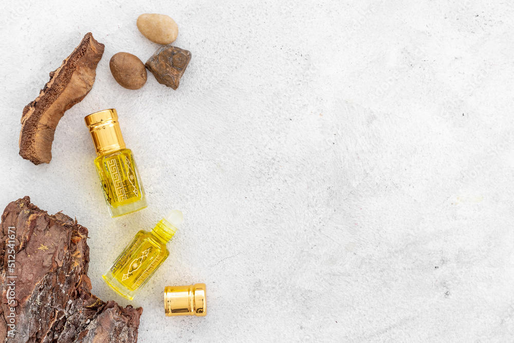 Glass bottles of perfume Oud oil. Aromatic Arabian oil