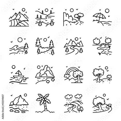 Hand Drawn Icons of Landscapes and Hill Stations