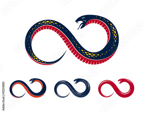 Snake eating its own tale, Uroboros Snake in a shape of infinity symbol, endless cycle of life and death, Ouroboros ancient symbol vector illustration logo, emblem or tattoo.