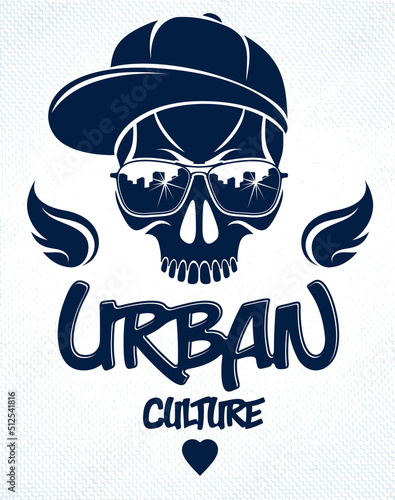 Skull in sunglasses and hat, urban theme vector logo or emblem, gangster or thug illustration, anarchy chaos hooligan, ghetto theme.