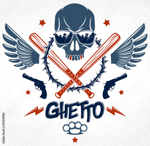 Gang brutal criminal emblem or logo with aggressive skull baseball bats and other weapons and design elements, vector anarchy crime terror retro style, ghetto revolutionary.