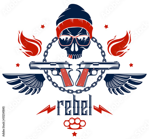 Revolution and Riot wicked emblem or logo with aggressive skull, weapons and different design elements , vector tattoo, anarchy and chaos, rebel partisan and revolutionary.