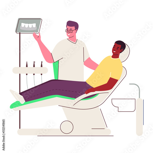 Dentist. Patient sitting in dentists chair. Tooth treatment. Dentistry Vector flat illustration
