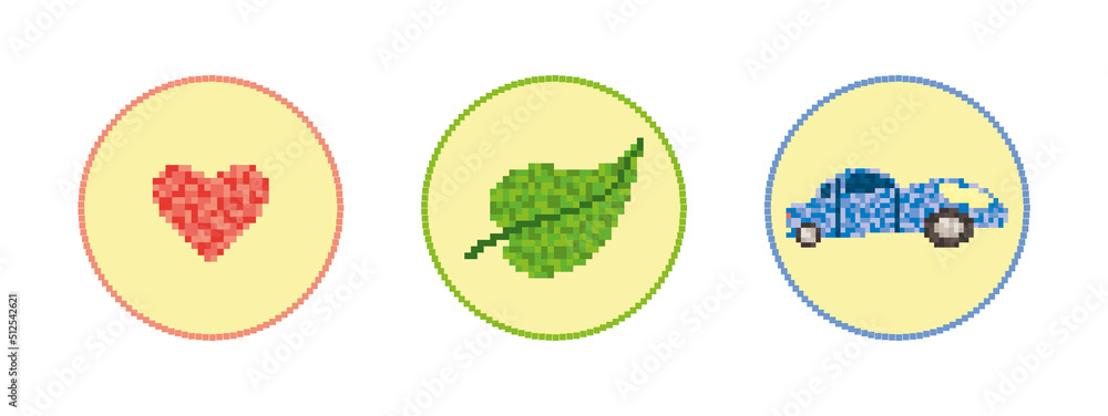 Heart, leaf and car drawn in pixel style, simple icons, vector illustration