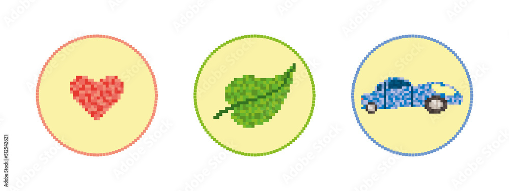 Heart, leaf and car drawn in pixel style, simple icons, vector illustration Heart, leaf and car drawn in pixel style, simple icons, vector illustration