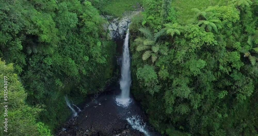 Sliding drone shot of idyllic waterfall in jungle with trees and grass in the morning - Kedung Kayang Waterfall in Indonesia Sliding drone shot of idyllic waterfall in jungle with trees and grass in the morning - Kedung Kayang Waterfall in Indonesia