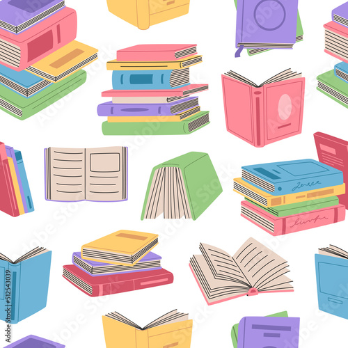 Seamless pattern with retro books in colorful covers. Pile of literature and textbooks for reading and learning. Hand drawn vector illustration isolated on white background. Modern flat cartoon style.
