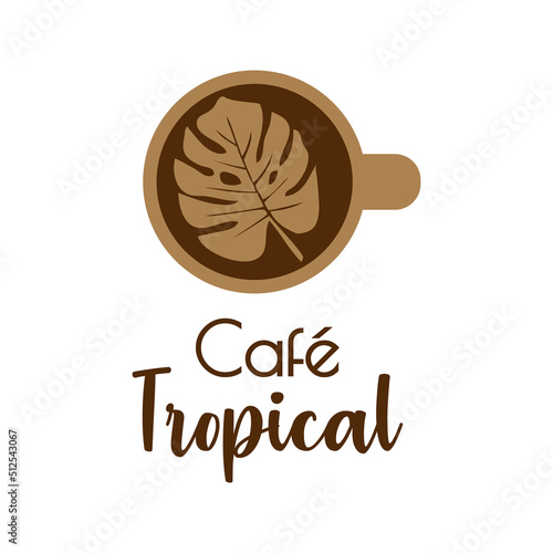 Banner con texto manuscrito Café Tropical. Logo beach bar. Vector con silueta de taza de café con hoja de planta monstera. Color marrón