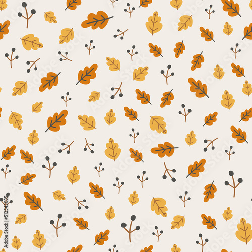 Seamless pattern with autumn leaves and berries. Colorful repeating background with oak leaves for wrapping paper. Flat vector cartoon illustration of bright fall foliage.