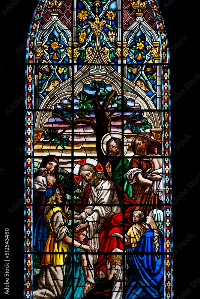 Basilica of the National Vow (Spanish: Basílica del Voto Nacional), Roman Catholic church located in the historic center of Quito, Ecuador. Stained glass depicting Jesus with children