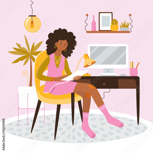 Girl working at home office vector illustration. Cartoon young woman sitting at table with computer, plants and lamp in home interior, professional female freelancer holding paper sheet background