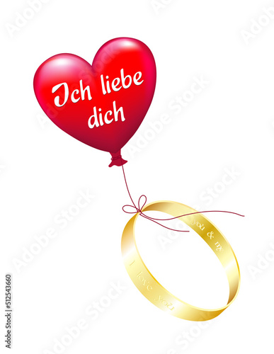 Fliegende Luftballon mit goldenem Ring, 
Ring mit Liebes Message,
Vektor Illustration isoliert auf weißem Hintergrund
