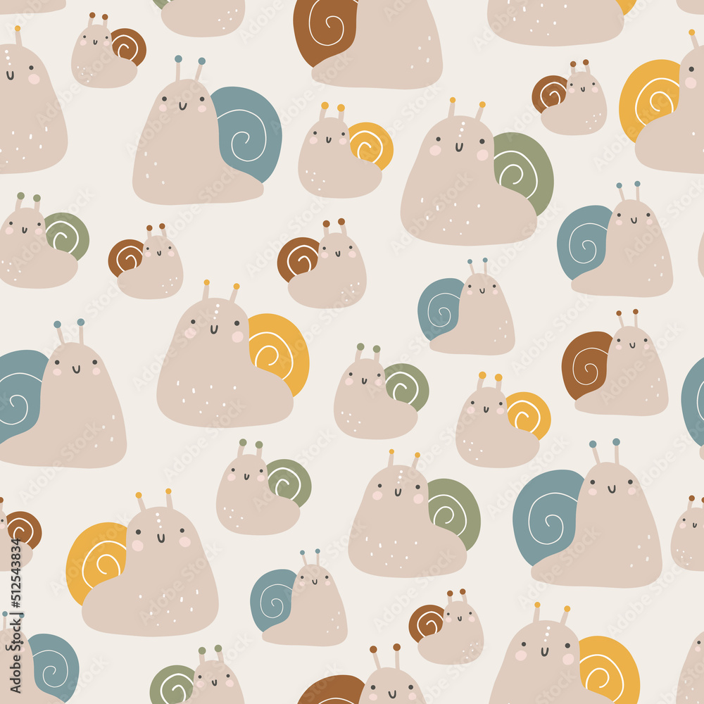 Obraz premium Seamless childish pattern with colorful snails. Creative childish urban texture for fabric, wrapping, textile, wallpaper, clothing. Vector illustration.