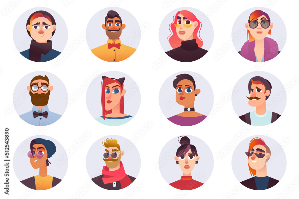 Hipster characters avatars isolated set. Different portraits of men and women with fashionable hairstyles, glasses, hats and stylish clothes. Vector illustration with people in flat cartoon design Hipster characters avatars isolated set. Different portraits of men and women with fashionable hairstyles, glasses, hats and stylish clothes. Vector illustration with people in flat cartoon design
