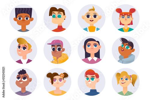 Happy kids characters avatars isolated set. Diverse boys and girls. Schoolboys and schoolgirls together. Portraits of teenagers or classmates. Vector illustration with people in flat cartoon design