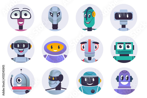 Cute robots characters avatars isolated set. Diverse robots with smiling face emotion. Virtual assistants, digital ai bots or chatbot mascots. Vector illustration with people in flat cartoon design