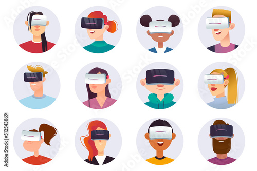 Metaverse characters avatars isolated set. Different portraits of men and women with VR headset playing with augmented reality technology. Vector illustration with people in flat cartoon design