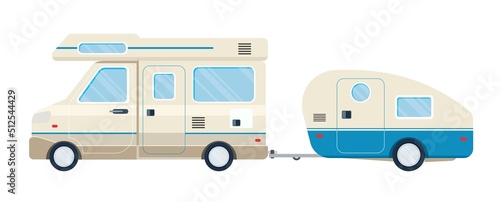 Camper car, bus, travel house with trailer. Flat vector illustration isolated on white background