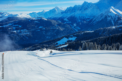 Fresh beautiful ski track over the Mont Blanc Alps massif