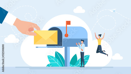 Mailbox with letter in envelope. Letterbox. Business correspondence, subscription. Inbox mail and mailbox. Tiny people are happy to receive the letter. Open post box. Flat design. Vector illustration photo