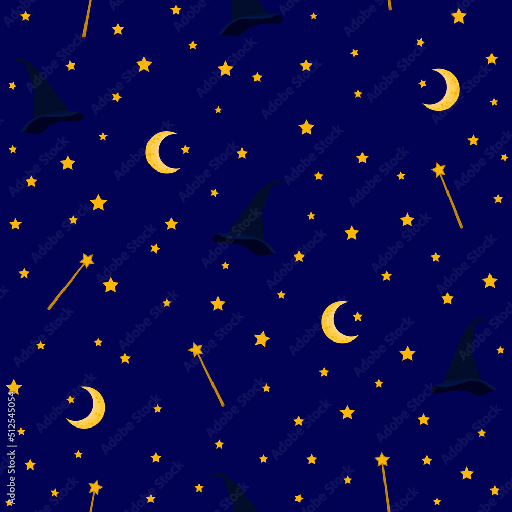 Fototapeta premium magic seamless pattern. night sky pattern. wizard pattern. witch's hat, crescent, moon, stars, magic wand. good for fabric, fashion, night wear, pajama, Halloween costume, etc.