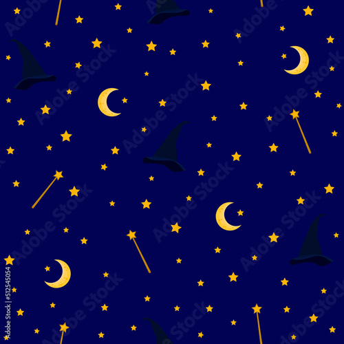 magic seamless pattern. night sky pattern. wizard pattern. witch's hat, crescent, moon, stars, magic wand. good for fabric, fashion, night wear, pajama, Halloween costume, etc.