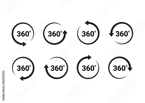 360 degrees arrow, rotate around set icon. Circle signs view with arrows rotation to 360 degrees. Rotate cycle, circular moving symbol. Vector sign illustration