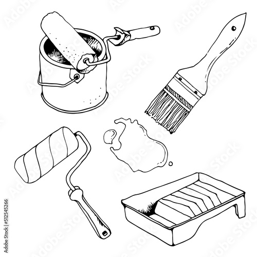 Repair tools, painting tools, vector hand drawn illustration set, insulated on white background