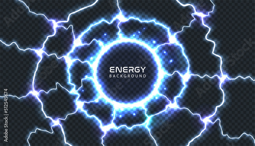 Abstract energy shock lightning ring frame special light effect on transparent background. Vector blue power thunderbolt mesh. Electric high voltage discharge round border. Futuristic space portal