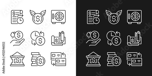 Financial activities pixel perfect linear icons set for dark, light mode. Bank payments. Cheque book. Wasting money. Thin line symbols for night, day theme. Isolated illustrations. Editable stroke