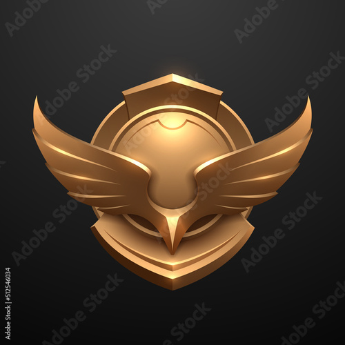 Golden badge with wings on black background