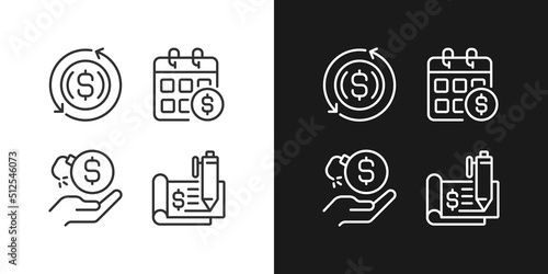 Transactions and payments pixel perfect linear icons set for dark, light mode. Monthly income. Financial risk. Thin line symbols for night, day theme. Isolated illustrations. Editable stroke