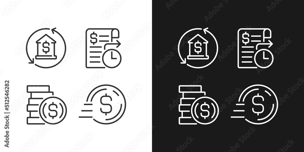 Business banking services pixel perfect linear icons set for dark, light mode. Mortgage payment. Standing order. Thin line symbols for night, day theme. Isolated illustrations. Editable stroke