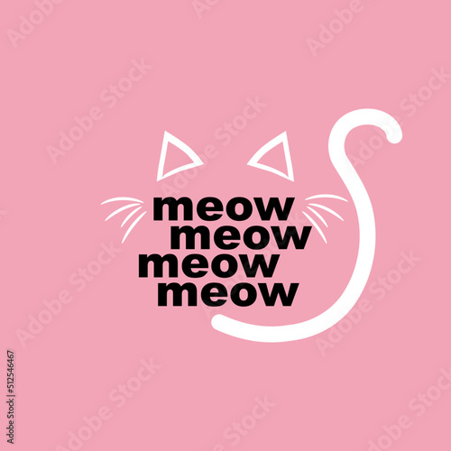 Cute text meow cat logo pink background flat vector icon design.